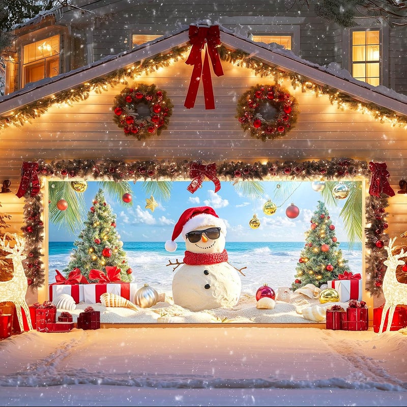 IVN Christmas Holiday Garage Door Banner 6x13 ft Tropical Sandman Scene Backdrop Garage Door Cover Mural with Palm Tree Ornaments Christmas Garage Door Covers Decorative for Winter Beach Party - Image 1